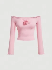 SHEIN MOD 女款純色 3d 花朵露肩上衣 - 粉色 - 查看 1