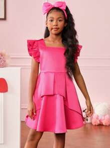 Vestido De Manga Corta Con Dobladillo Con Volantes De Color Liso Para Niña - Rosa Fucsia - Ver 3