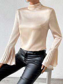 SHEIN Privé Elegant Pleated Loose Fit Blouse With Bell Sleeves - Apricot - View 6