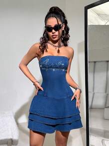 SHEIN ICON Y2k藍色彈性女性休閒修身鑲鑽無肩帶迷你牛仔裙 - 藍色 - 查看 6