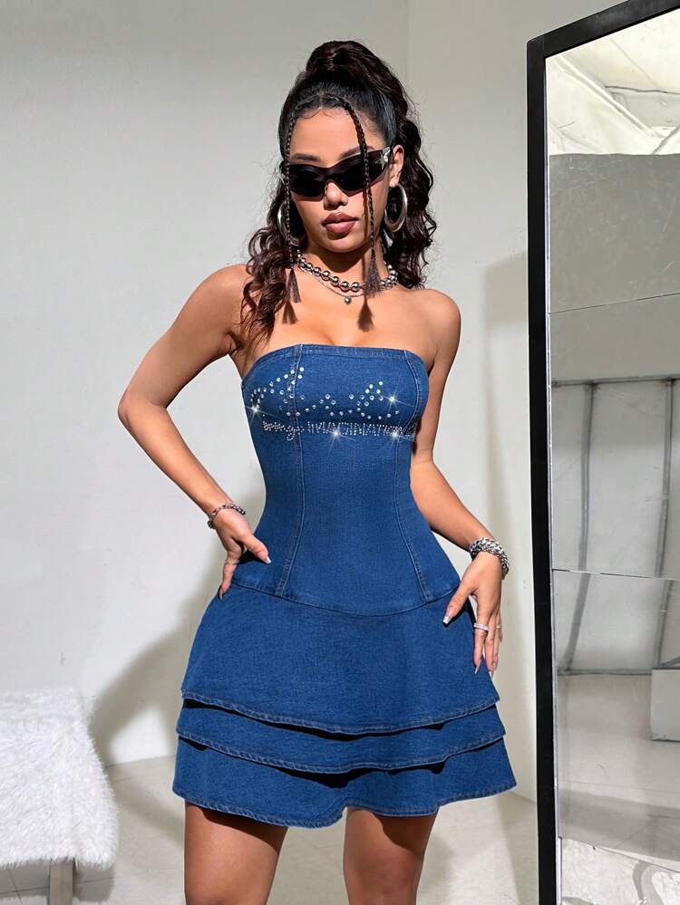 Y2k Blue Stretchy Women'S Casual Slim Fit Rhinestone Studded Strapless Mini Denim Dress