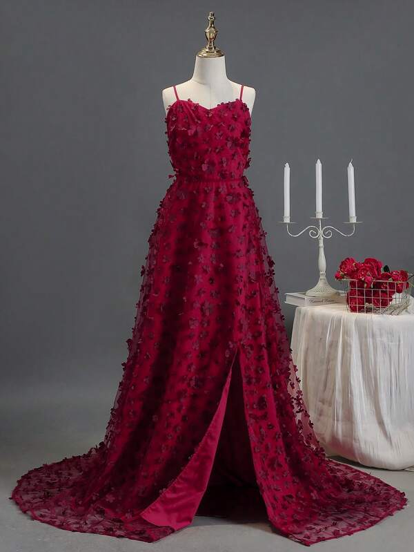 Elegant 3D Floral Mesh Tulle Princess Dress, Flower Girl Dress, Event Dress For Teen Girls