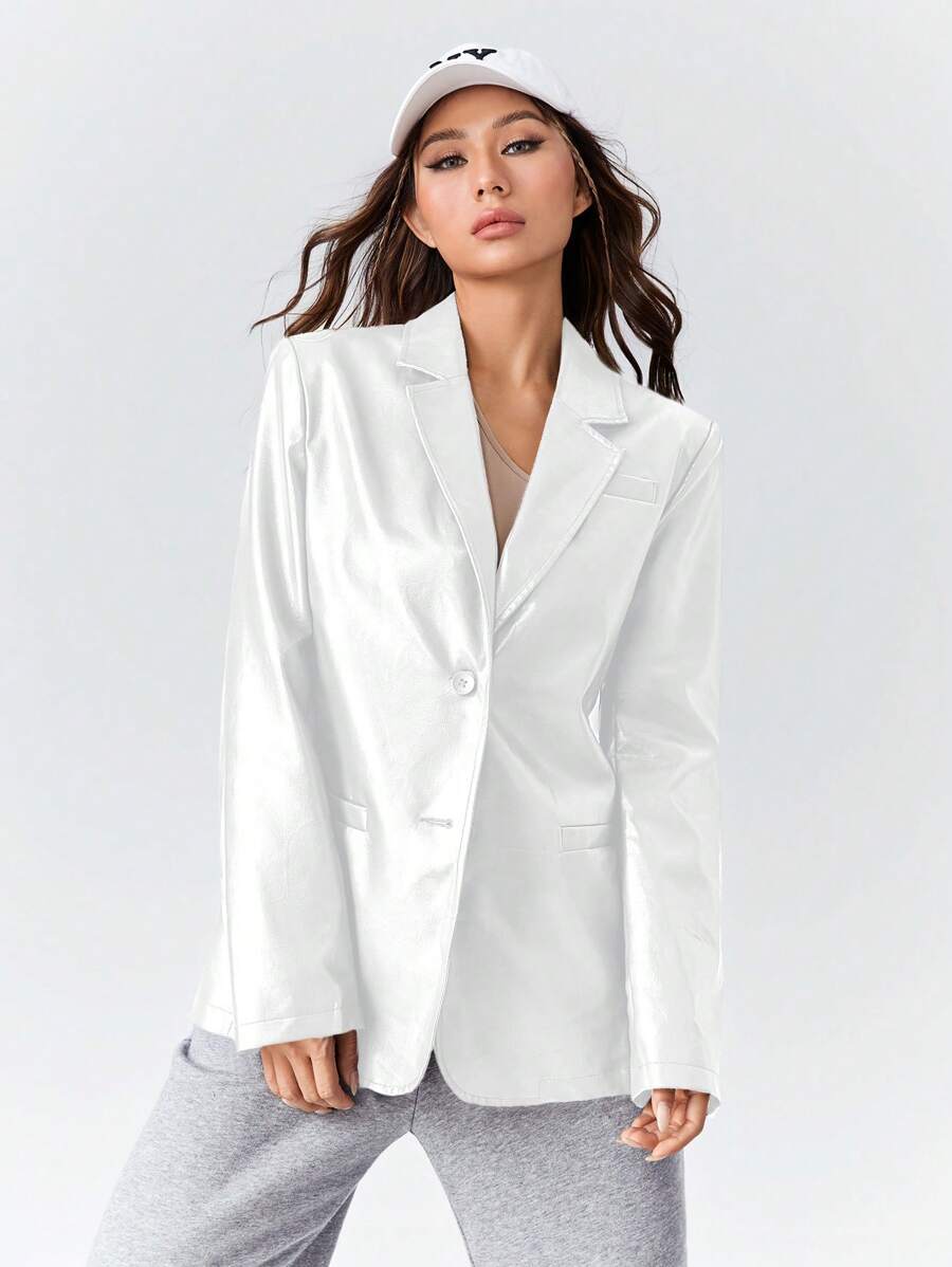 SHEINNeu 披肩兜領人造皮革西裝外套 - 白色 - 查看 1
