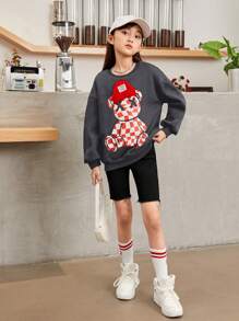 SHEIN Tween 女童宽松运动 3D 泰迪熊印花羊毛卫衣 - 灰色 - 查看 5
