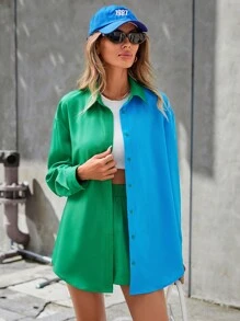 SHEIN Essnce Của phụ nữ Màu sắc Tương phản Tay áo dài Áo sơ mi Và Quần short 2 cái/bộ - Nhiều màu - Xem 4