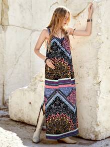 Bohemela 度假風全印花雙口袋開衩收口肩帶背心裙