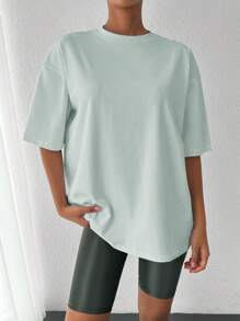 SHEIN Cottnline تي شيرت كاجوال بأكمام قصيرة وتصميم طباعة نصية - أخضر - مشاهدة 5