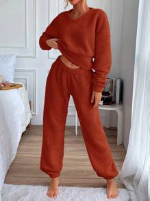 SHEIN Cottnline Solid Drop Shoulder Teddy Pullover & Pants - Burgundy - View 3
