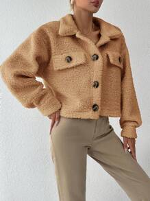 EURMUSE Teddy Jacket With Flap Detail And Drop Shoulder Sleeves - Brown - View 3