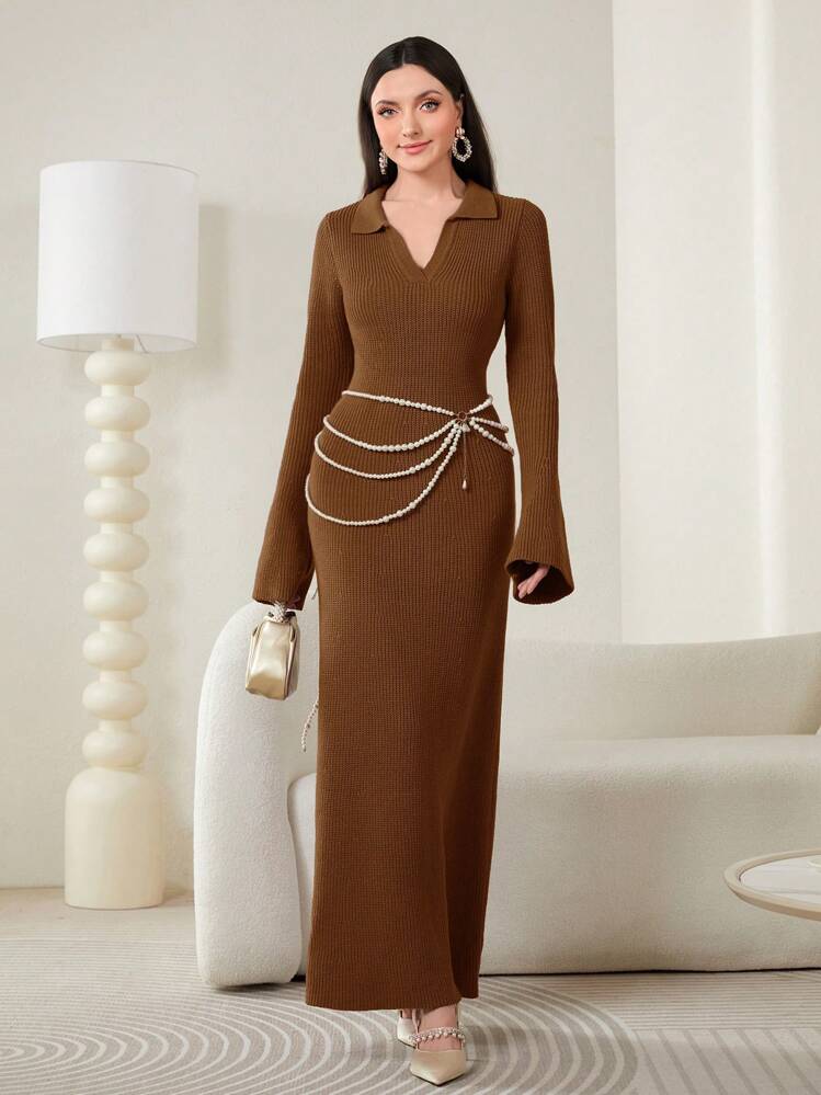 Modelyn Women'S Solid Color Rib-Knit Sweater Dress - Camel - View 1
