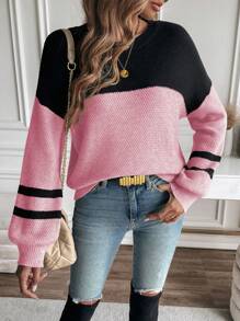 SHEIN Essnce Sọc Khối màu Tay áo dài Áo len - Hồng - Xem 4