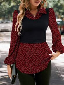 SHEIN LUNE 幾何圖案燈籠袖2合1上衣 - 酒紅色 - 查看 3