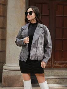 SHEIN Essnce Lỏng lẻo Retro Tay áo dài Xe máy Áo khoác - màu xanh lá - Xem 3