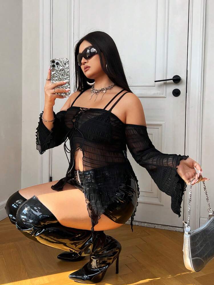 Plus Size Sheer Mesh Perspective Top In Solid Color