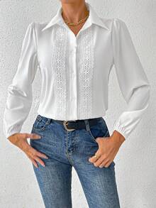 SHEIN Essnce 蕾絲邊修飾長袖襯衫 - 白色 - 查看 5