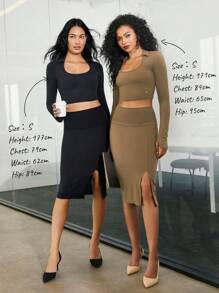 GLOWMODE FeatherFit™-Sculpt Tummy Control Slit Midi Pencil Skirt - Camel - View 9