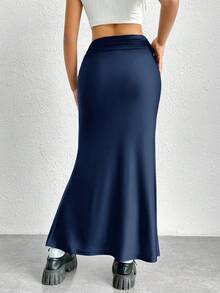 SHEIN EZwear Falda De Sirena Con Dobladillo De Color Sólido - Azul Marino - Ver 2