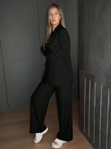 SHEIN x Carly Lawrence SHEIN Essnce 秋冬女士翻领长袖西装外套和裤子套装 - 黑色 - 查看 5