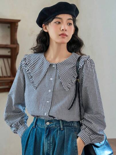 FRIFUL Camisa feminina xadrez com gola Peter Pan e manga lanterna, blusas de manga comprida, roupas de outono