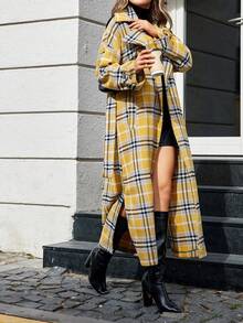 EURMUSE 女式格紋落肩腰帶羊毛大衣,落肩襯衫領設計 - 杏色 - 查看 6