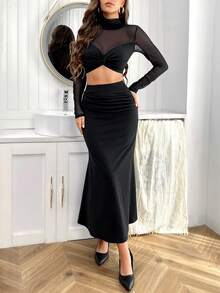 SHEIN Privé 網片拼接搭扭結短上衣和人魚裙裝套裝 - 黑色 - 查看 4