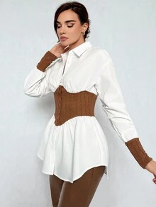 SHEIN Privé 拼色腰部束帶長袖女襯衫 - 白色 - 查看 4