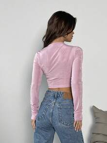 SHEIN Privé 扭結前方長袖t卹 - 粉色 - 查看 3