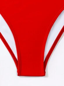 Swim Basics 純色中空細節比基尼泳衣套裝 - 紅色 - 查看 6