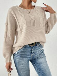 SHEIN Frenchy 圓領針織毛衣,採用下垂肩設計 - 卡其色 - 查看 6