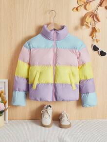 SHEIN 女童休閒加厚外套,色塊立領和寬鬆剪裁 - 彩色 - 查看 6