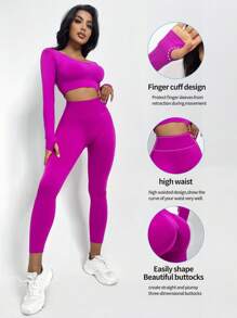 Yoga Basic Wide Waistband Sports Set - Hot Pink - View 3