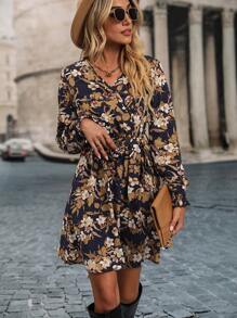 SHEIN Clasi Floral Print Overlap Collar Bishop Sleeve Belted Dress Fall Cloth For Women