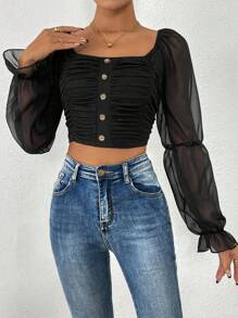 SHEIN Allurite 雪紡袖拼布褶皺短襯衫 - 黑色 - 查看 3