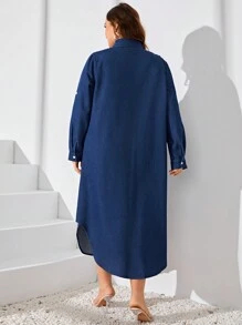 EMERY ROSE Plus Size Denim Overall Dress With Buttons Fall Cloth For Women - Dark Wash - View 2