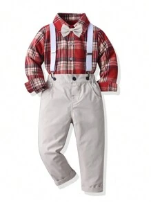 Young Boy Plaid Print Bow Front Shirt & Suspender Pants - Multicolor - View 1