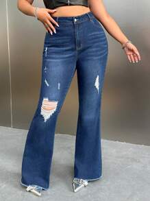 SHEIN ICON Y2K 女款蓝色弹力破洞高腰紧身喇叭牛仔裤 - 藍色 - 查看 4