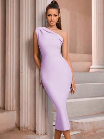 ADYCE 女式单肩正式侧开衩纯色无袖紧身绷带中长连衣裙，适合舞会鸡尾酒会优雅舞会半正式婚礼宾客礼服，适合生日、毕业典礼、晚宴、返校节