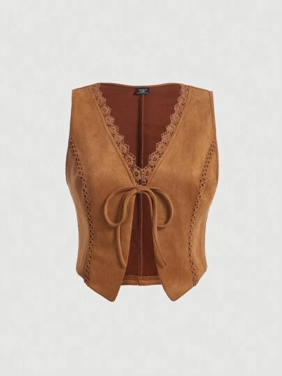 SHEIN MOD Women's Plus Size Lace Splicing Tie Knot Vest Jacket