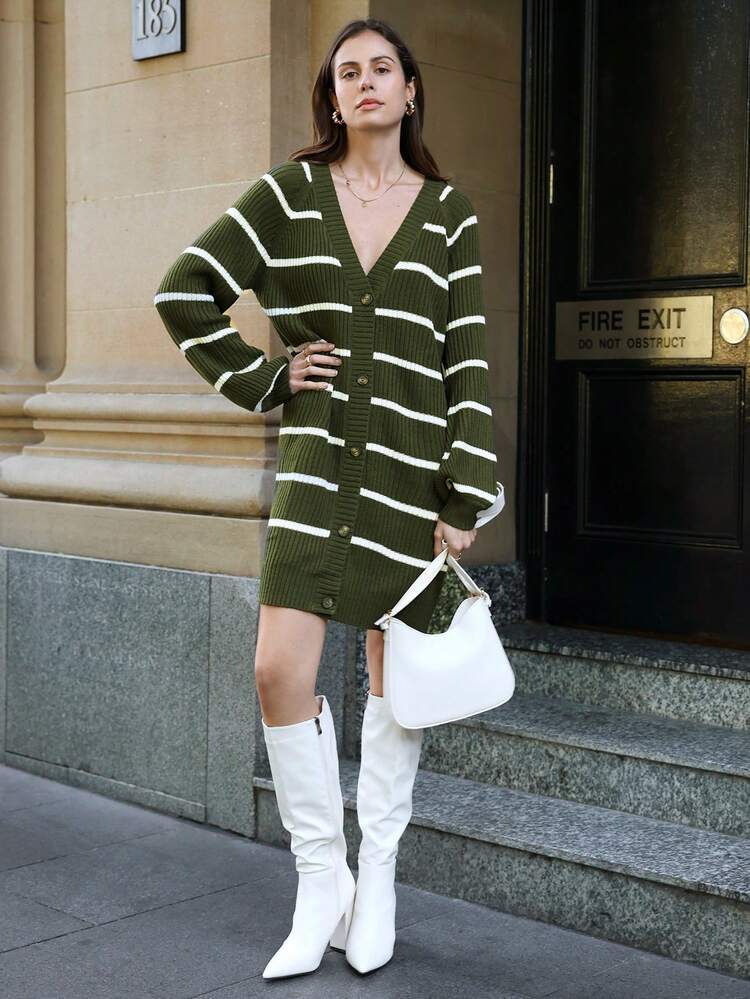Striped Pattern Button Front Cardigan Winter Green Casual Christmas