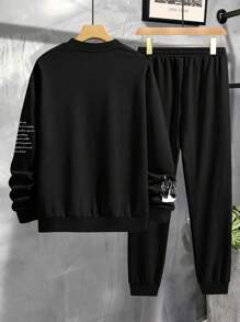Manfinity EMRG 男士趣味表情印花運動服套裝,包括運動衫和運動褲 - 黑色 - 查看 2