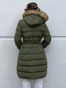 RueChic Fuzzy Trim Hooded Zipper Puffer Coat