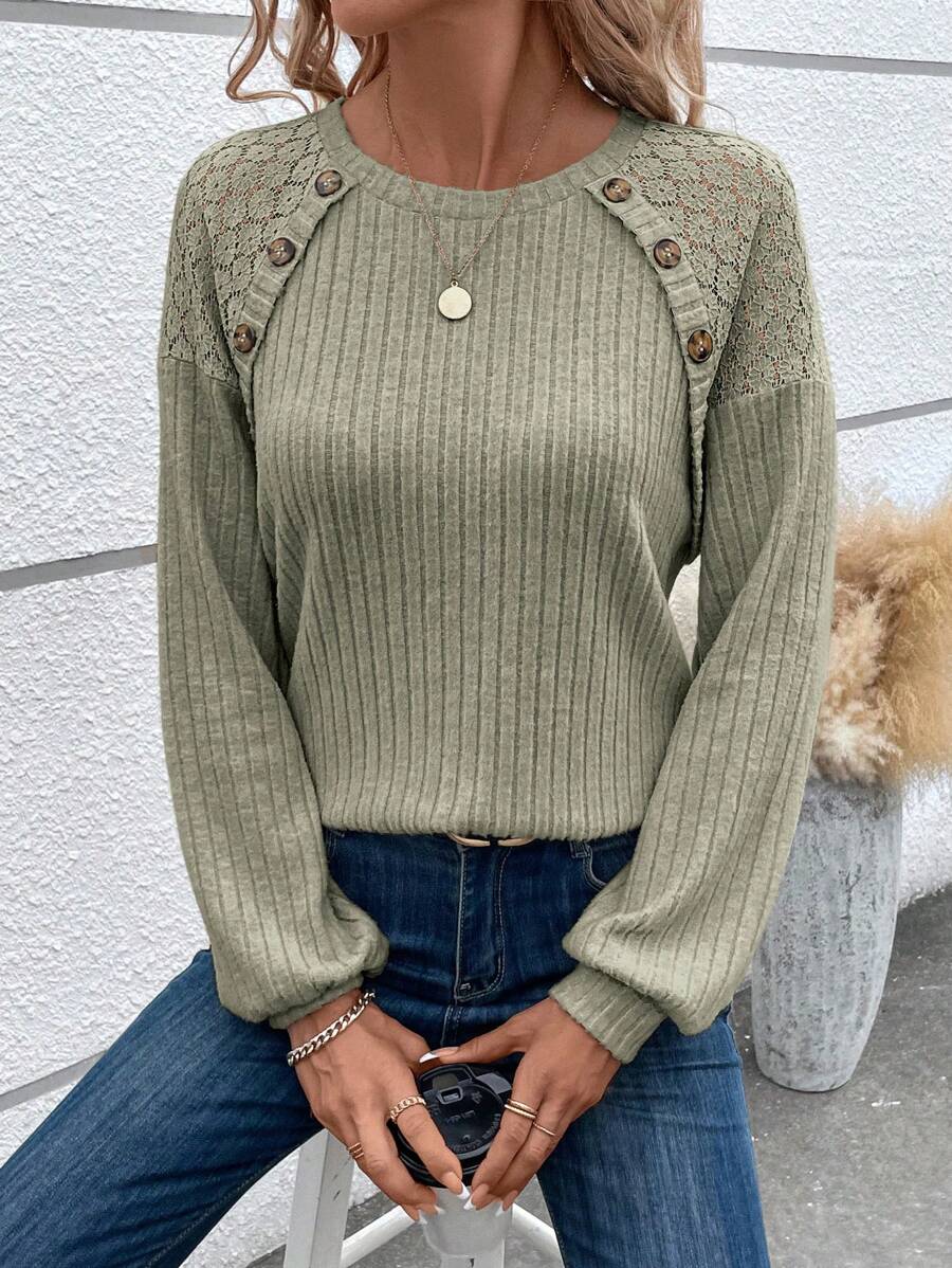 SHEIN LUNE Ren Vá lại Kết cấu Của phụ nữ Tay áo dài Áo thun - xanh quân đội - Xem 1