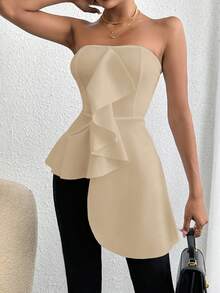 SHEIN Privé Top Sin Tirantes Con Ribete De Volantes Y Dobladillo Asimétrico - Albaricoque - Ver 3