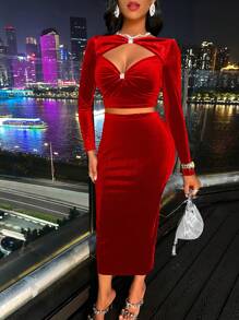 SOLERSUN Solid Color Velvet Two-Piece Set - Red - View 5