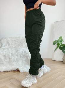 SHEIN PETITE Solid Color Elastic Waist & Pleated Detail Long Pants - Dark Green - View 3