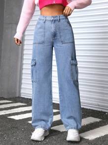 SHEIN PETITE Solid Color Cargo Jeans - Medium Wash - View 2