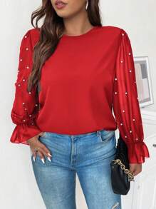 Celure Plus Size Women's Lotus Leaf Sleeve Shirt With Faux Pearl Decor - Red - View 6