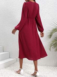 SHEIN LUNE فستان بطيات وأكمام فانوس بخصر عالٍ - عنابي اللون - مشاهدة 2