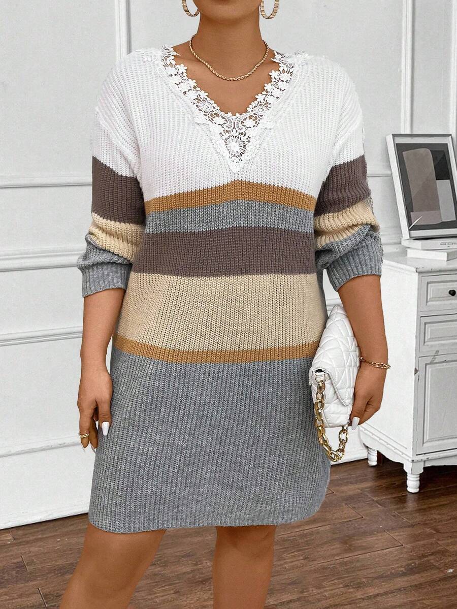 Celure 大碼女性V領蕾絲拼貼毛衣洋裝 - 彩色 - 查看 1