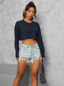 INAWLY Long Sleeve Crop Tees Fall Cloth For Women - Navy Blue - View 4